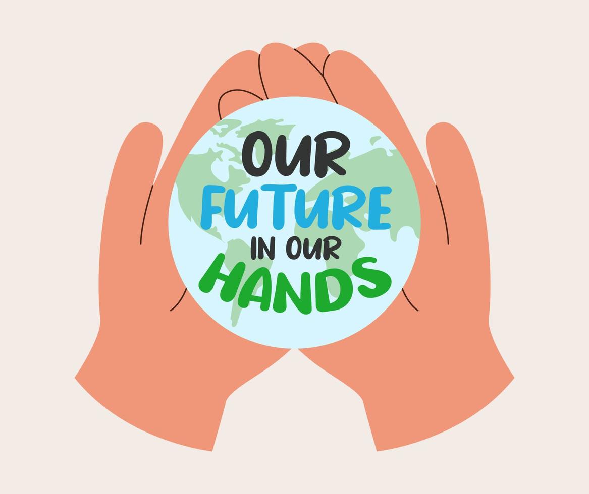 Hands hold earth with text vector