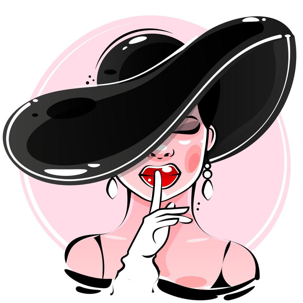 Fashion and accessories beauty icon.Woman with long hair and shiny red lipstick on her lips wearing an elegant hat.Vector vector