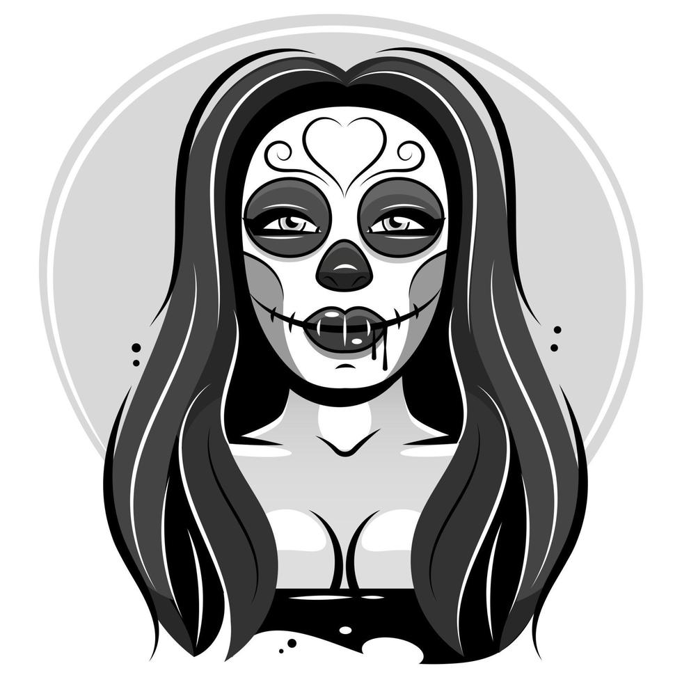 dia de los muertos, dia de los muertos, fiesta mexicana, festival. cartel, pancarta y tarjeta con maquillaje de calavera de azúcar, mujer con corona de flores. concepto de halloween vector