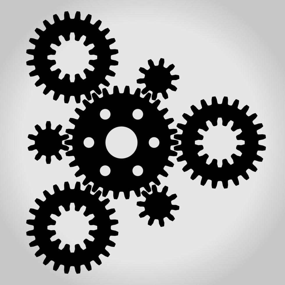 Black silhouette mechanical gears and cogwheel set, small and large, arranged in a triangle. Vector illustration.