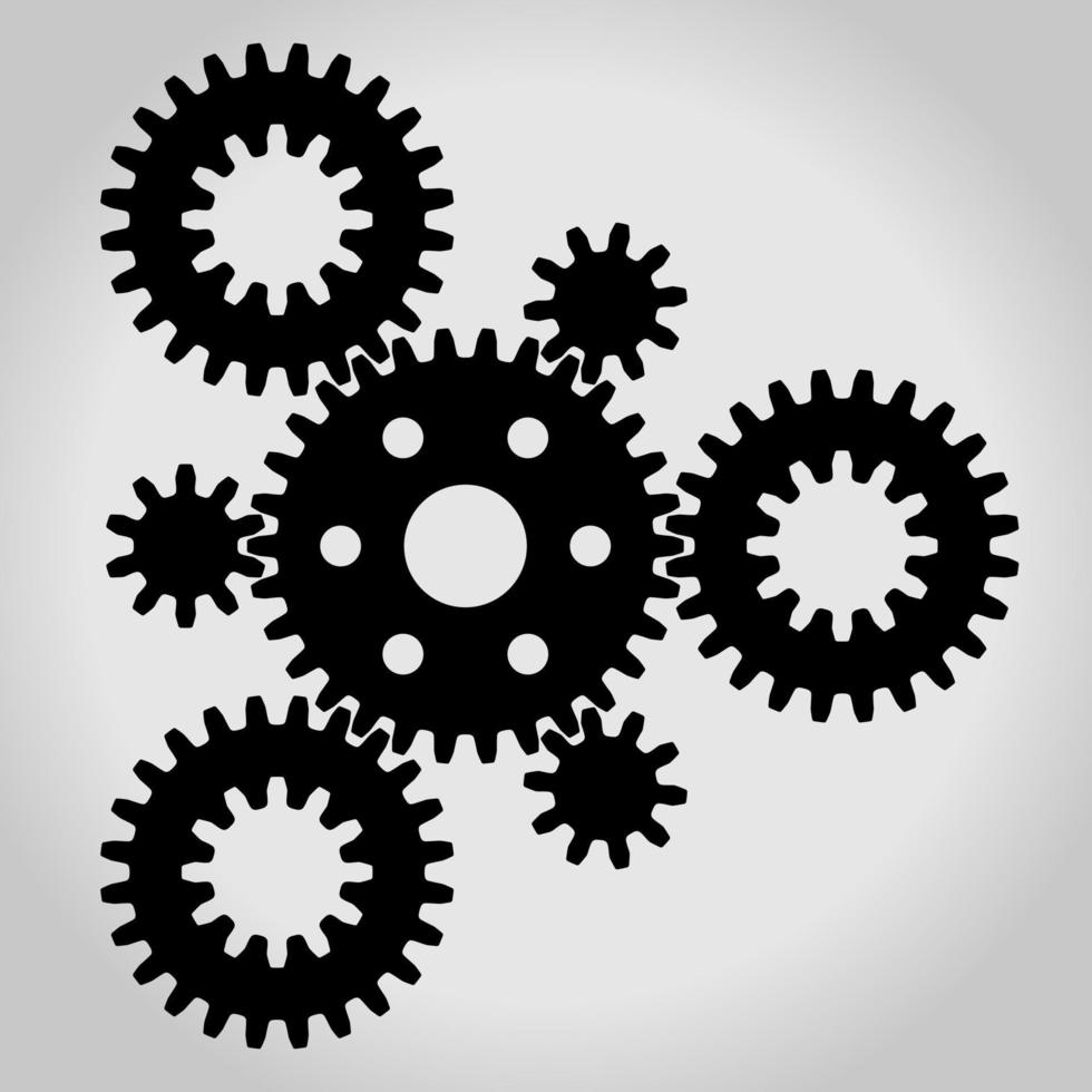 Black silhouette mechanical gears and cogwheel set, small and large, arranged in a triangle. Vector illustration.