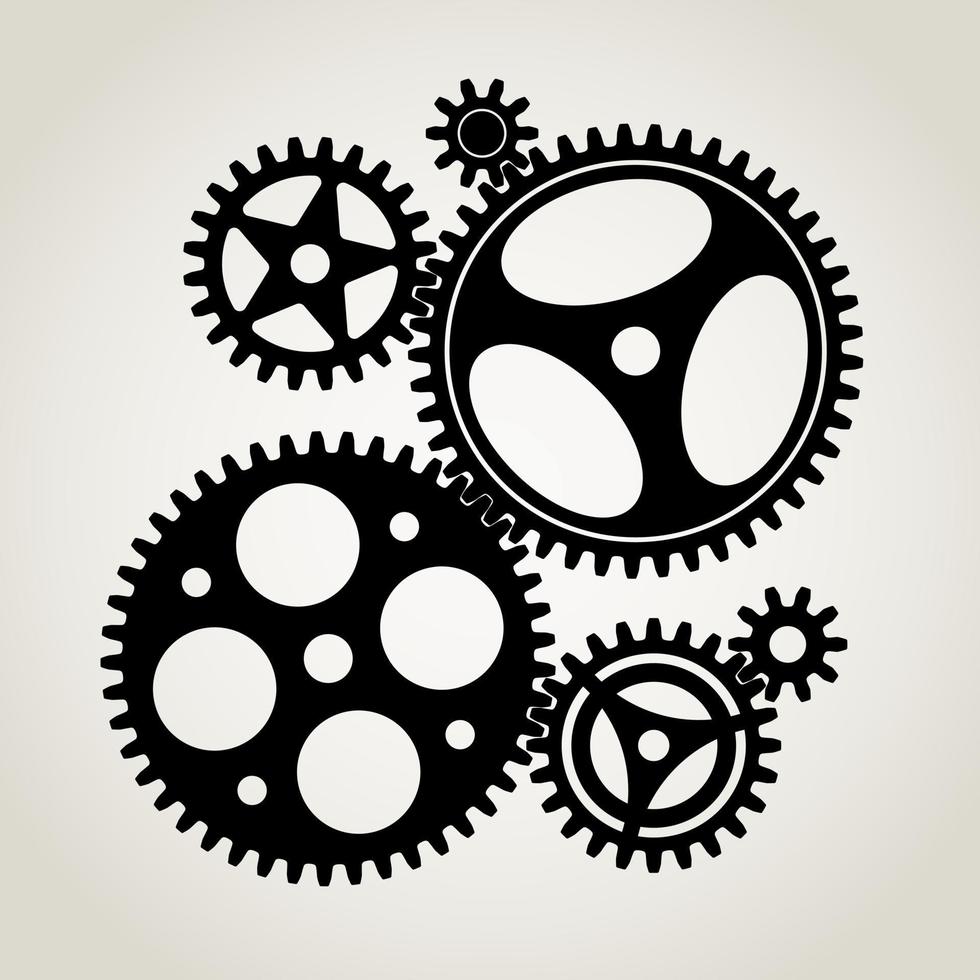 Includes a set of mechanical gears, 6 black silhouettes, both small and large. Vector illustration.