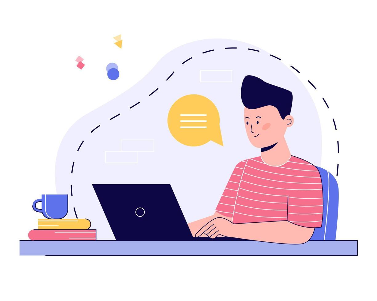 Workplace concept. Man sitting on a chair and working with a laptop at the table. Modern illustration in flat style with outline. vector
