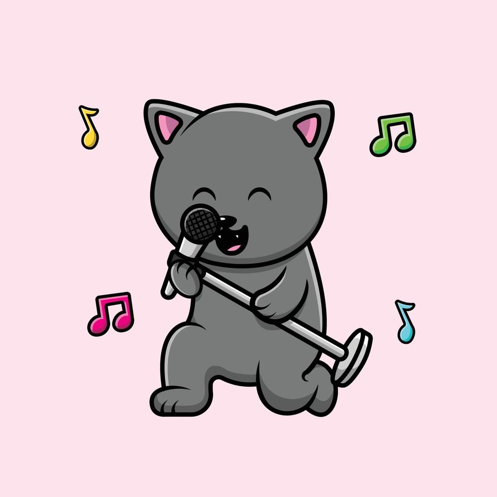 lindo gato cantando con ilustración de icono de vector de dibujos animados de micrófono. concepto de icono de entretenimiento animal aislado vector premium. estilo de dibujos animados plana