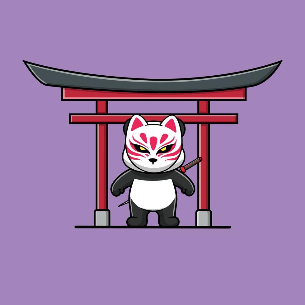 Cute Panda Wearing Kitsune Mask And Katana On Torii Gate.eps vector