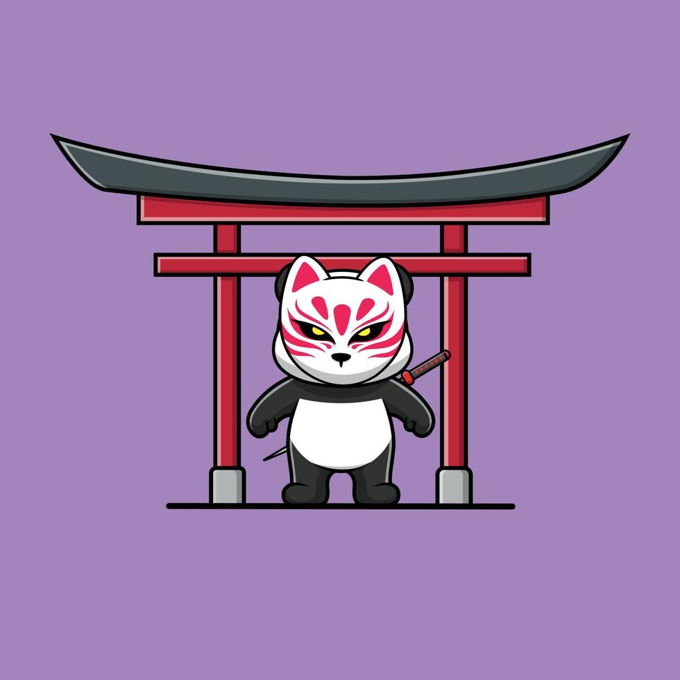 lindo panda con máscara kitsune y katana en torii gate.eps vector