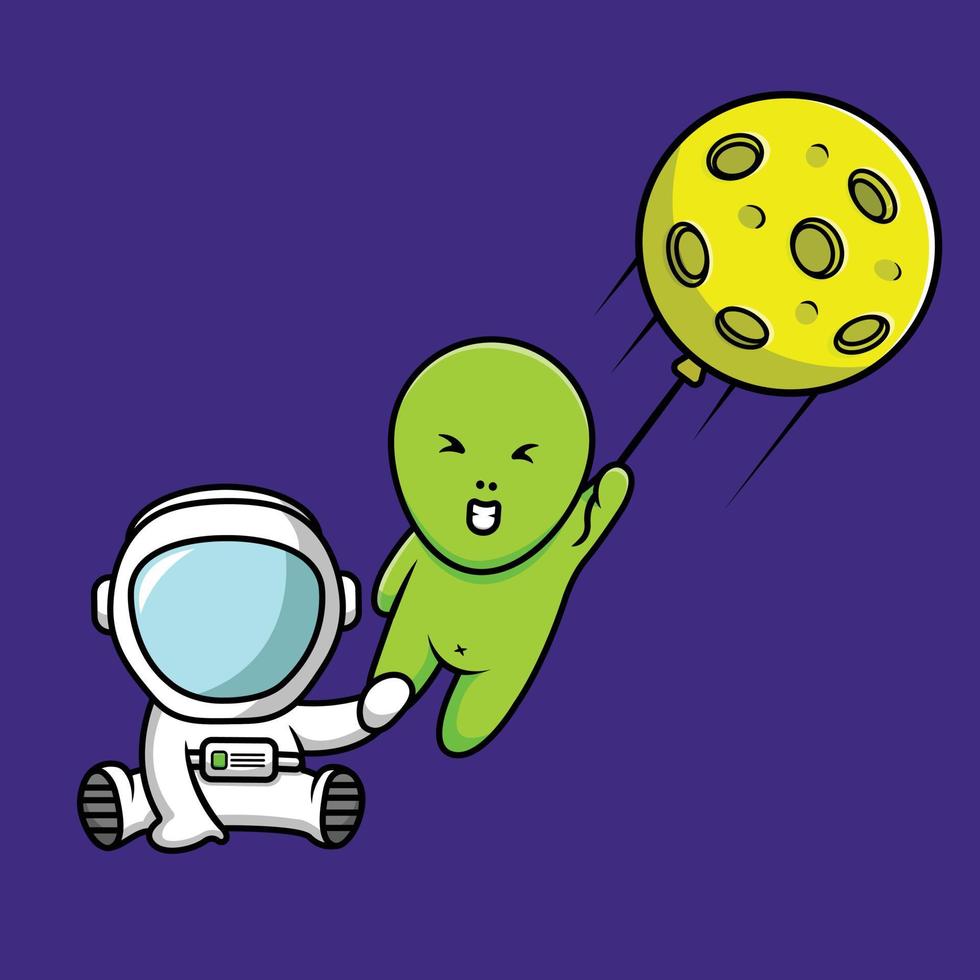 lindo astronauta con extraterrestre sosteniendo la ilustración de icono de vector de dibujos animados de globo de luna. concepto de icono de vacaciones de ciencia vector premium aislado. estilo de dibujos animados plana