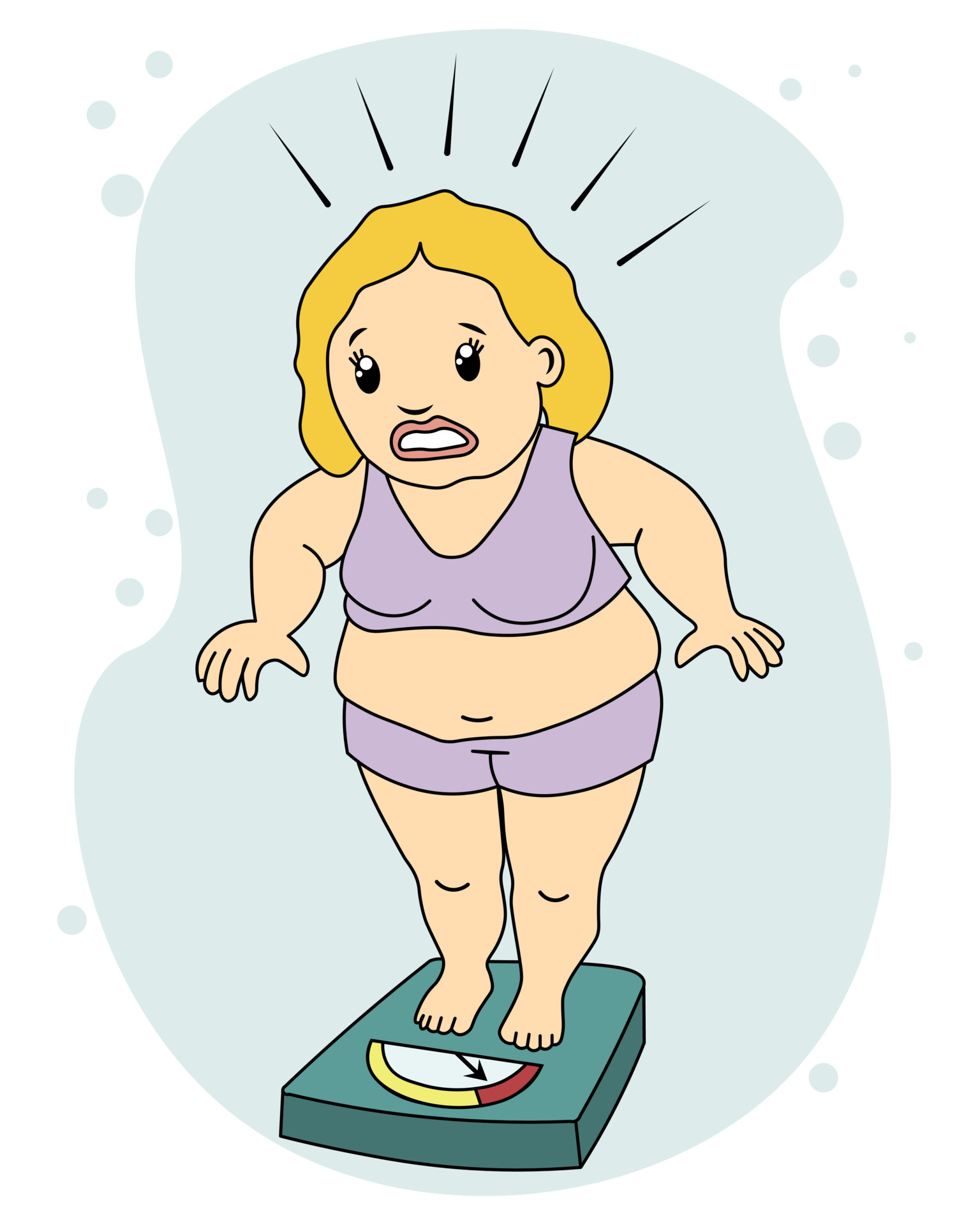 Illustration, a cartoon overweight woman stands on the scales for weighing  with an emotion of horror. Poster, design for advertising means for weight  loss 5426784 Vector Art at Vecteezy