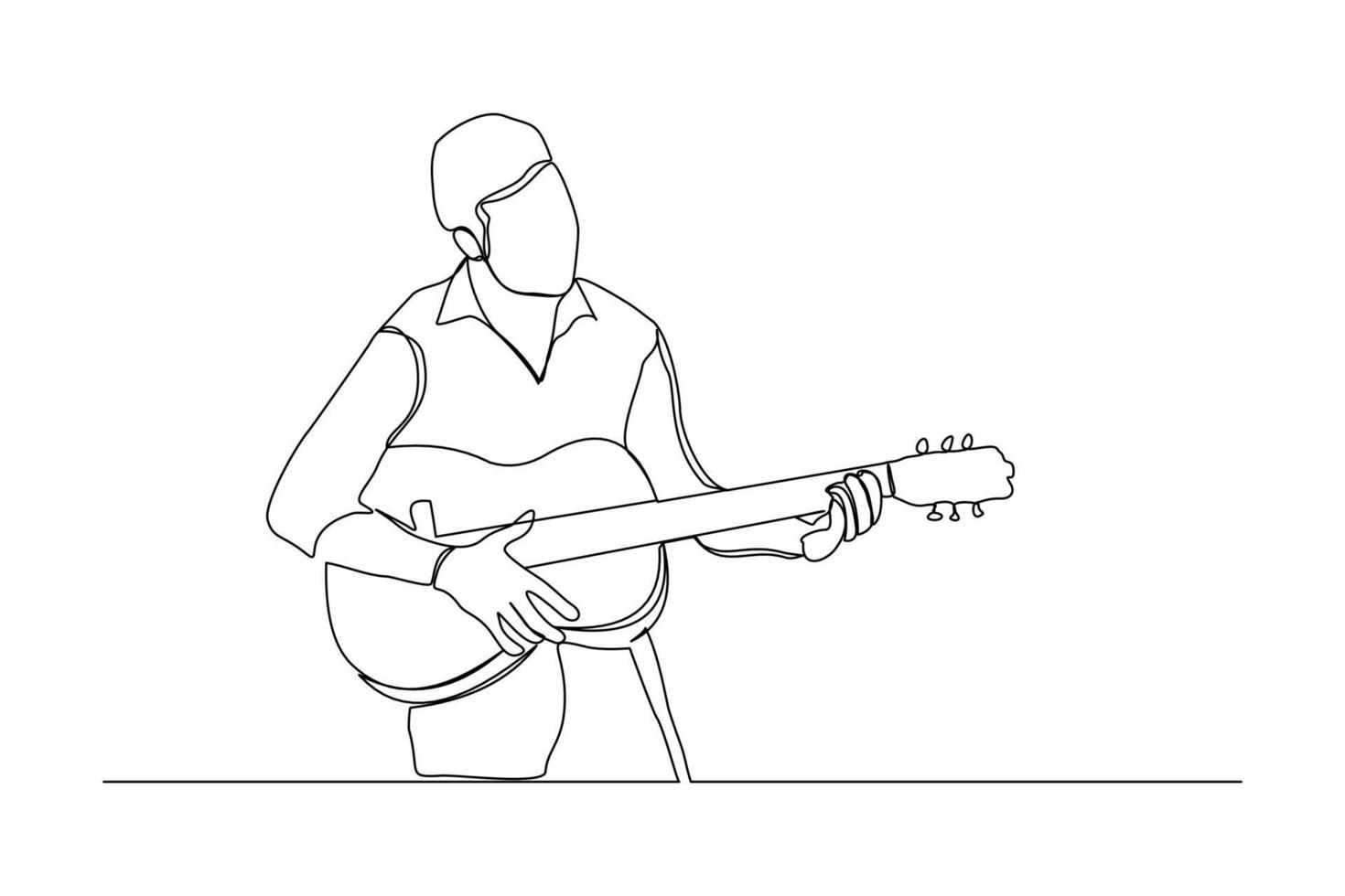 Continuous line drawing of a man playing guitar. Single one line art of