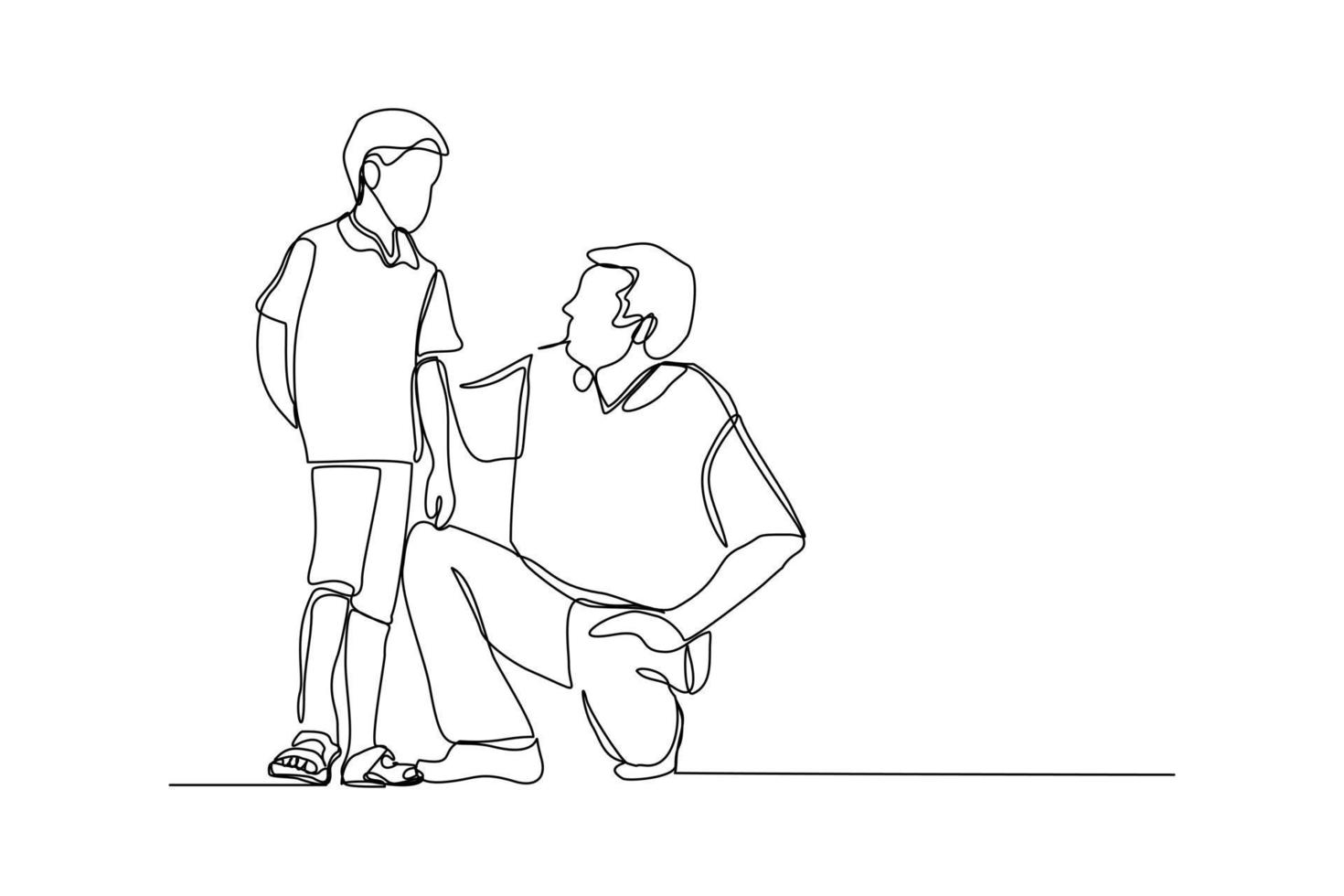 Continuous line drawing of young dad giving some wise advice talk to his child. Happy family parenting concept. Trendy single one line draw design graphic vector illustration