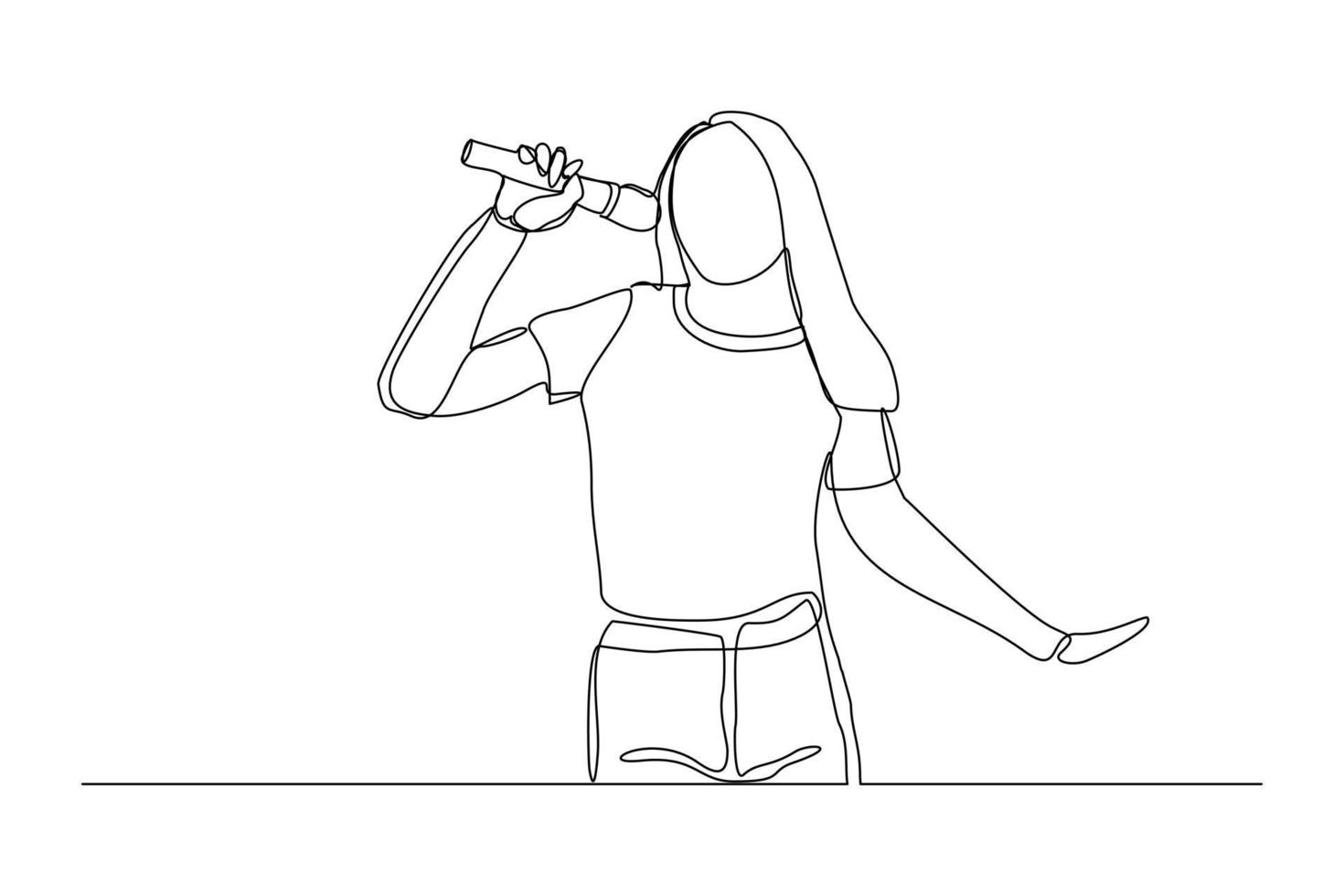 Continuous line drawing of young happy female pop singer holding microphone and singing on stage. Single one line art of musician artist performance concept design vector illustration
