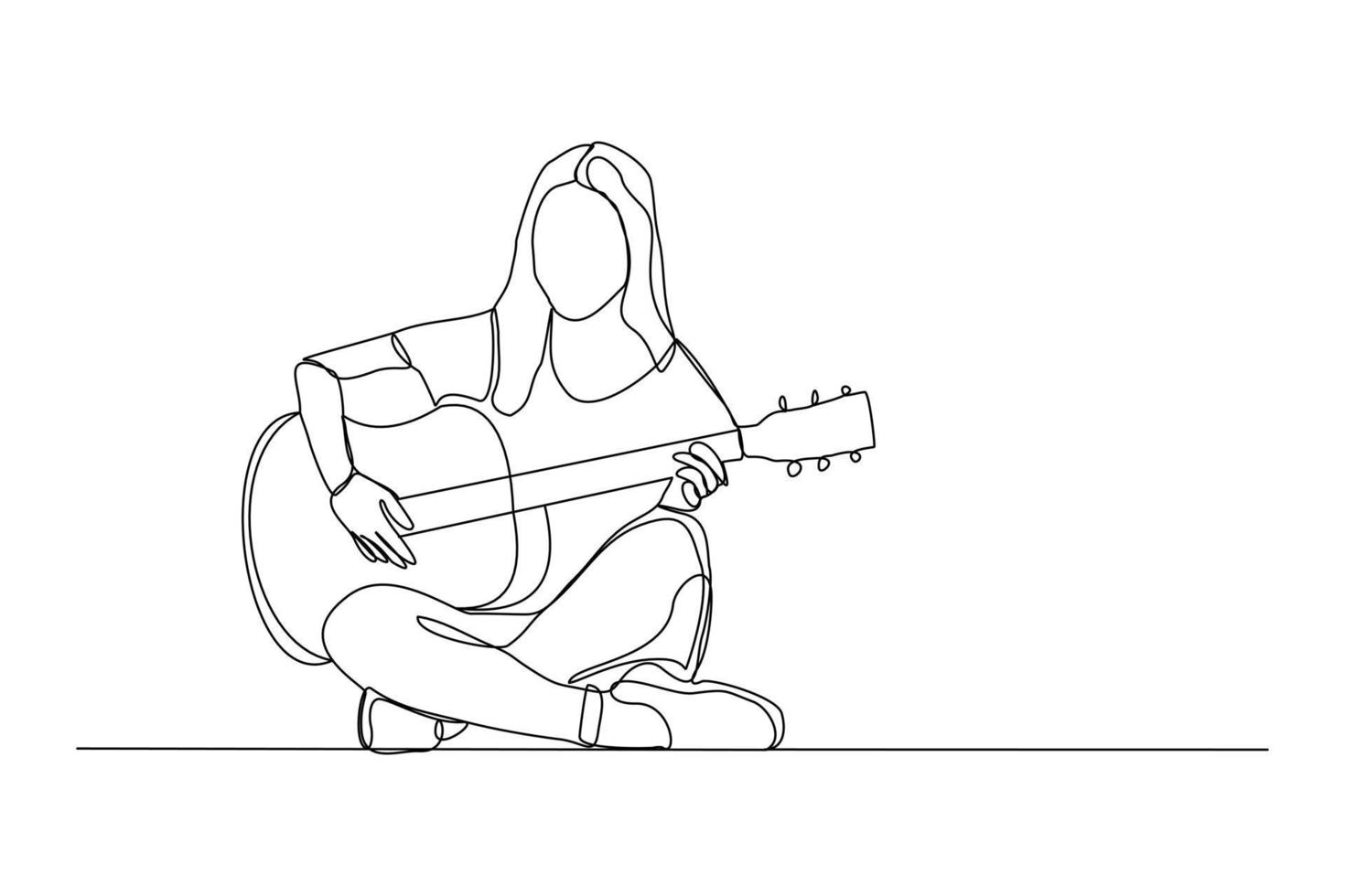 Continuous line drawing of a woman playing guitar. Single one line art of musician guitarist vector illustration