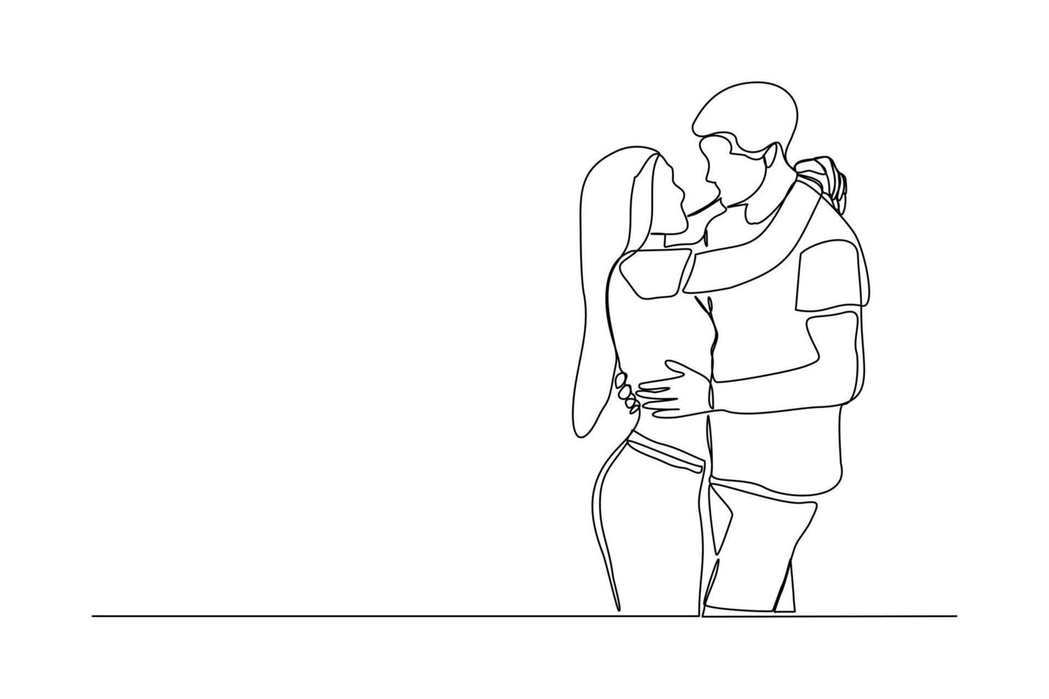 Continuous line drawing of romantic couple hug. Single one line art of young happy couple embracing vector