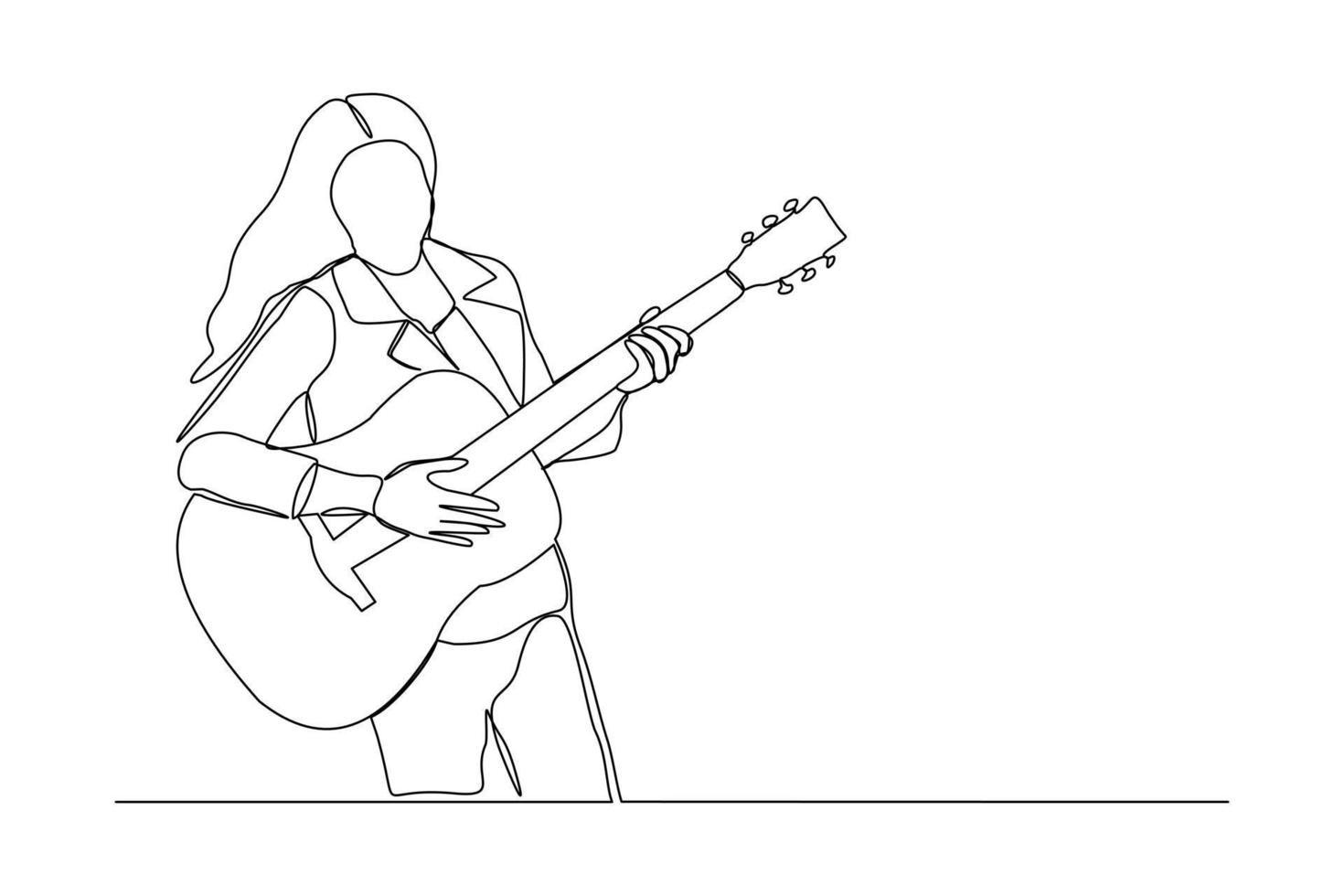 Continuous line drawing of a woman playing guitar. Single one line art of musician guitarist vector illustration