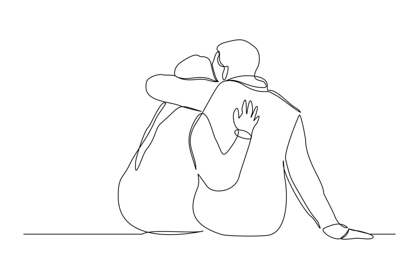 Continuous line drawing of romantic couple hug. Single one line art of back view of young happy couple sitting and looking in the same direction vector