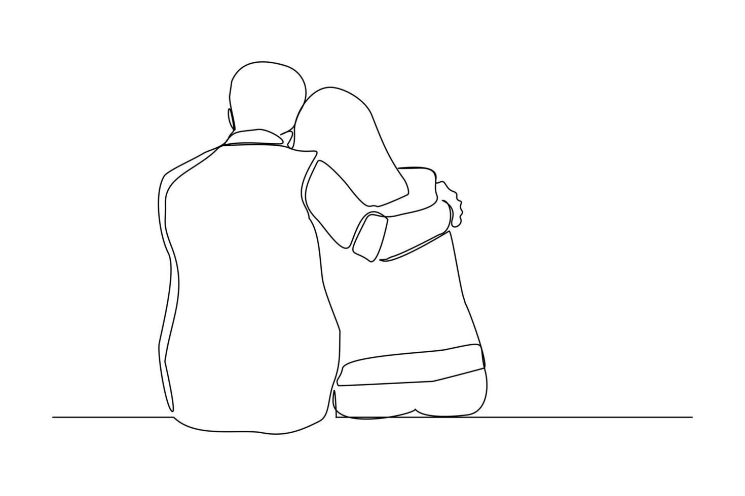 Continuous line drawing of romantic couple hug. Single one line art of back view of young happy couple sitting and looking in the same direction vector