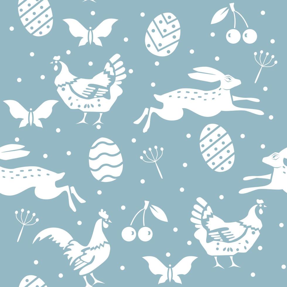 Seamless Easter pattern with white bunny eggs hen and flowers vector