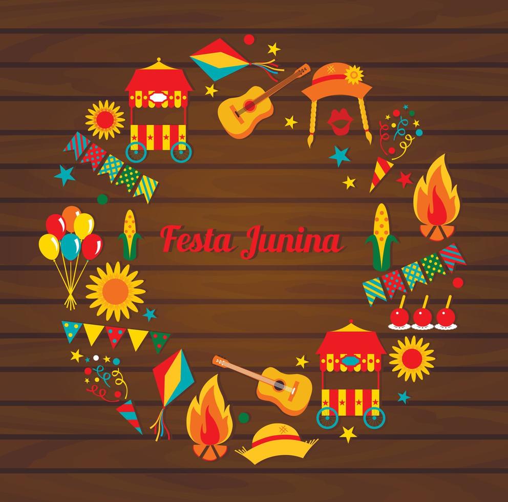 tarjeta de festa junina con sombrero de guitarra de fuego en mackground de madera vector