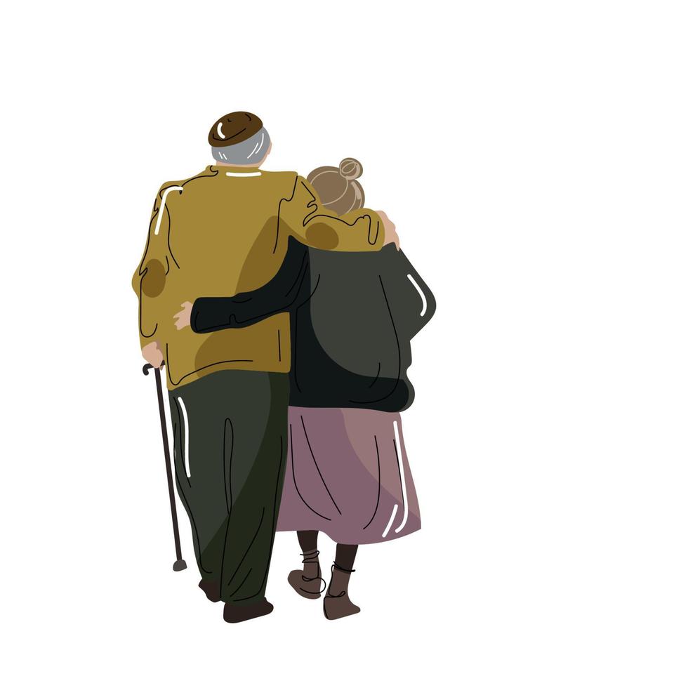 ancianos caminando y abrazándose.ilustración vectorial de una pareja de ancianos, abuela y abuelo caminando hacia atrás.ilustración aislada en un fondo blanco vector