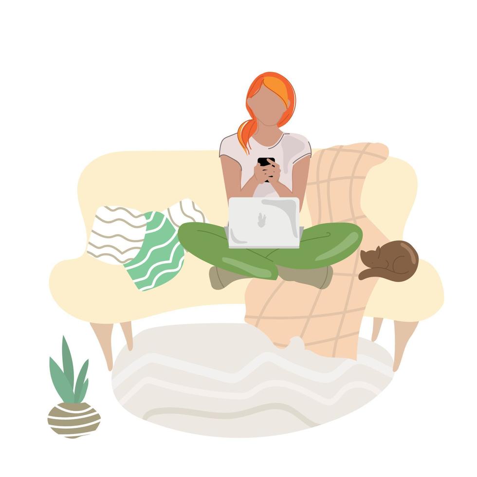 Woman on the sofa with a laptop and a phone at home with a cat.Business and work from home.A girl buys a store or studies on the Internet on a computer. Leisure,Vector illustration on white background vector