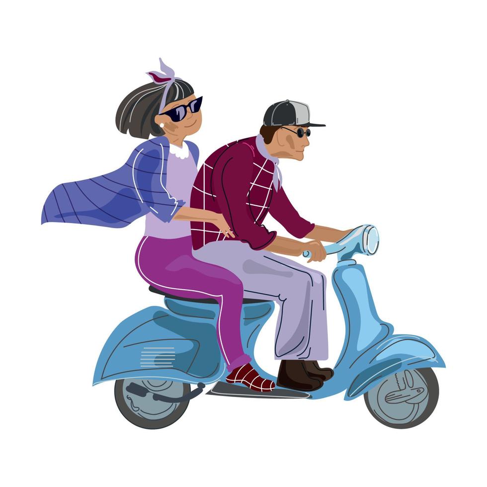 Vector cartoon illustration of old people driving a scooter ,vector illustration on a white background. Elderly happy couple traveling on a scooter. Active pensioners lifestyle