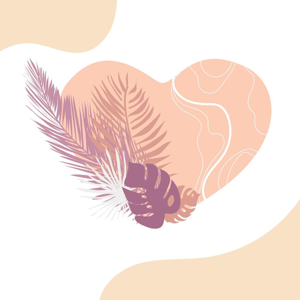 corazones abstractos en estilo de garabato de color rosa sobre fondo blanco con hojas de palma tropical y mrnstera. diseño para el día de san valentín u otra decoración, ilustración vectorial, concepto romántico y amor vector