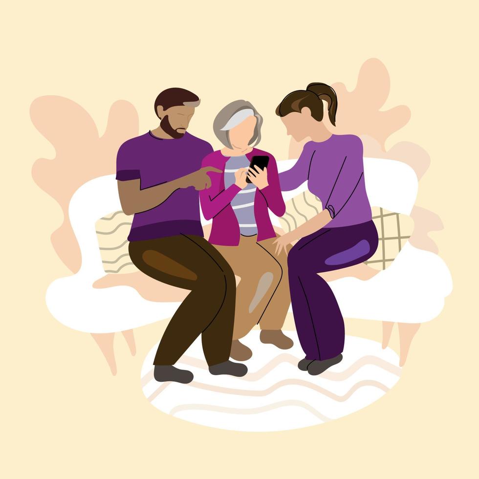 Adult daughter and son helps an elderly mother to use a smartphone.Senior woman with a mobile phone in her hands,sits on a sofa at home.Care for the elderly concept.Vector illustration vector