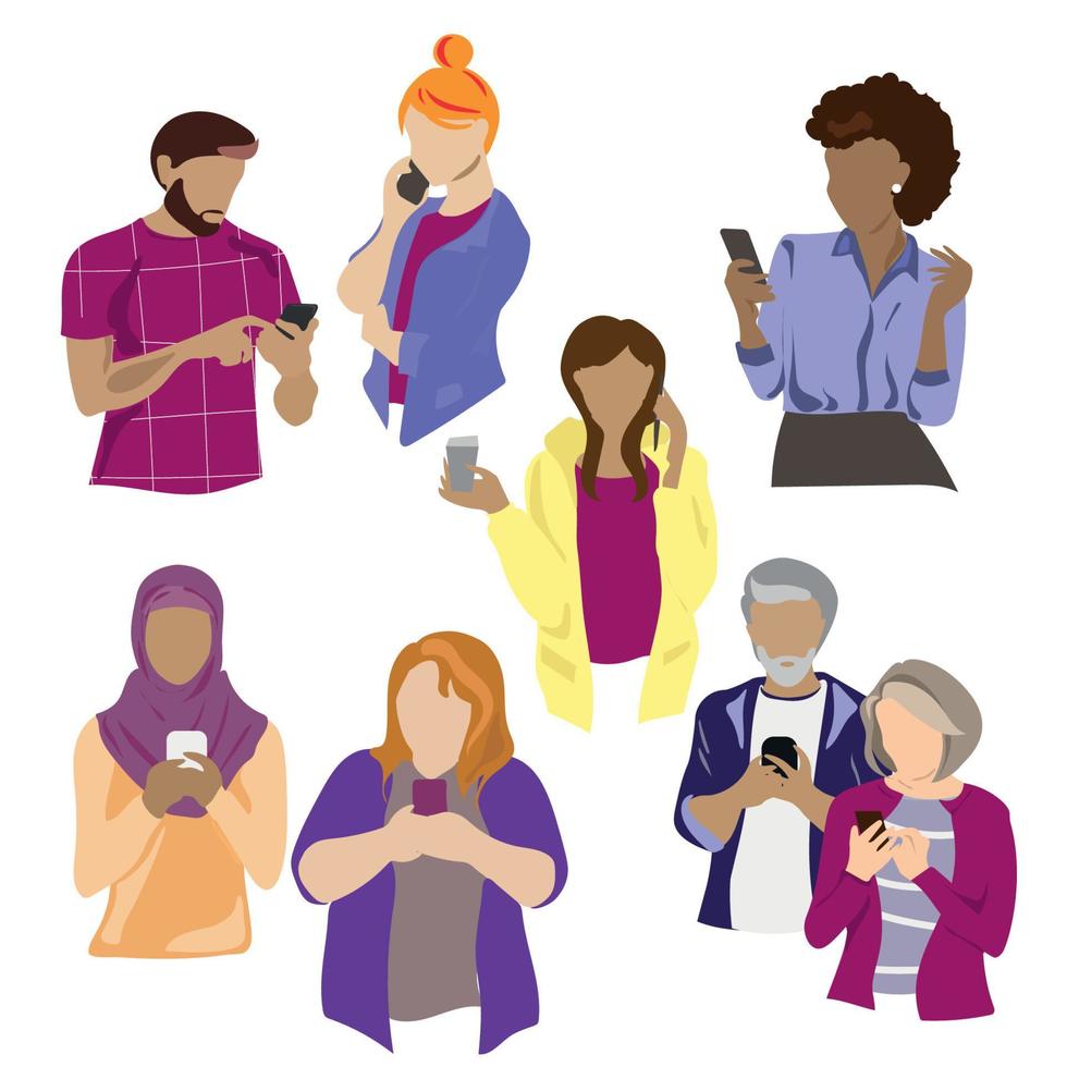 People of different ethnicity and age use smartphones.Young and old characters,modern people with phones in their hands, call,use and chat.Vector illustration of a group of people isolated on white vector