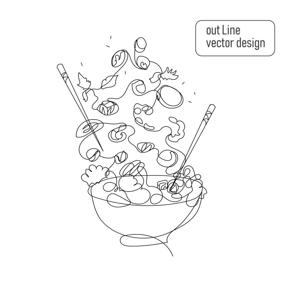 Poke bowl with shrimp salad and vegetables drawn in trendy style in one line, isolated on white background.Vector line art illustration of healthy food vector