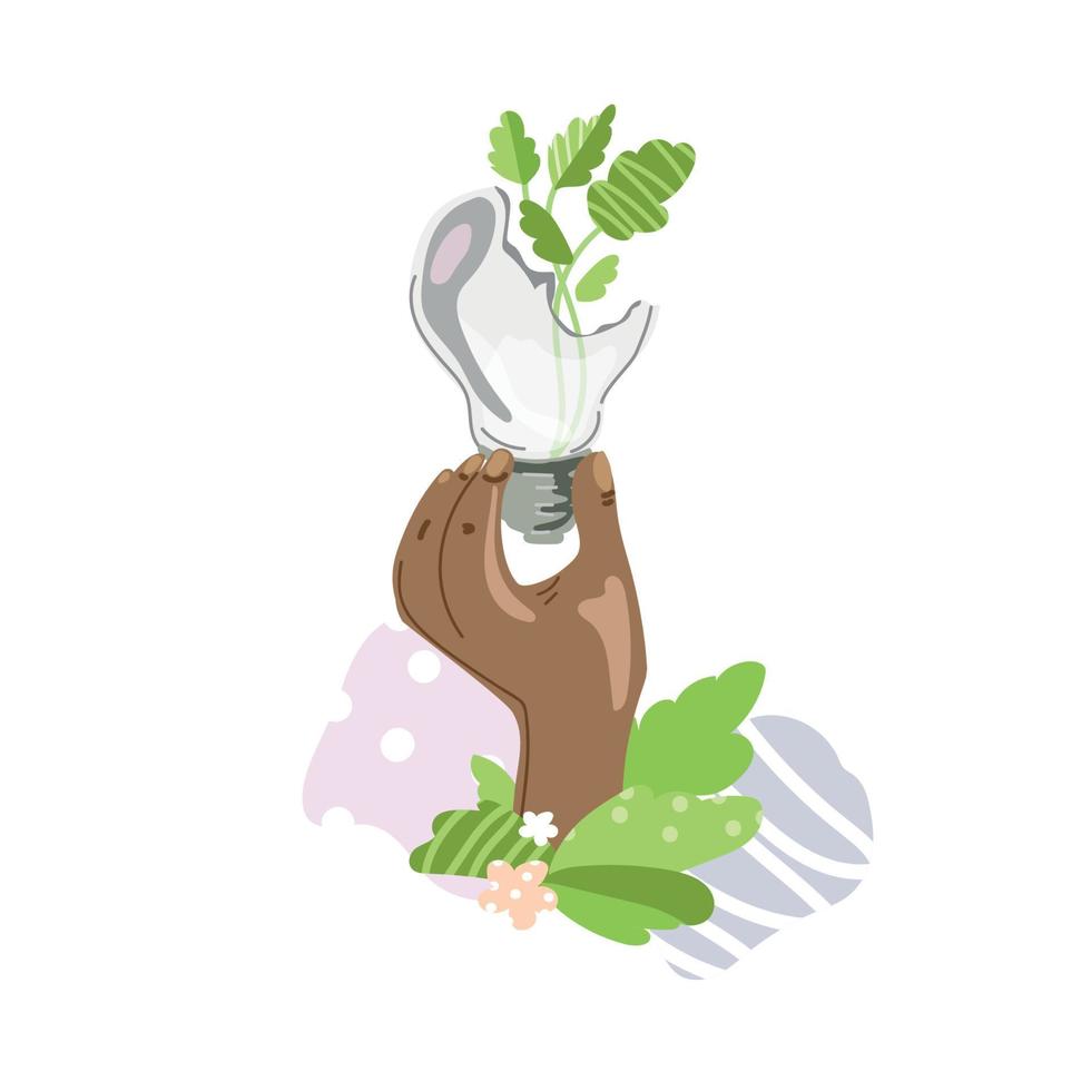 mano que sostiene la bombilla rota y la planta de hojas verdes frescas  dentro del dibujo