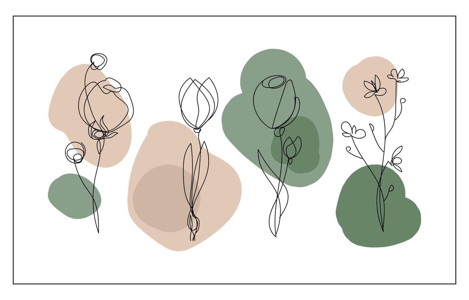 conjunto botánico de arte de pared vectorial.flores abstractas sobre un fondo de manchas pastel, diseño para impresiones, cubiertas, fondos de pantalla, arte minimalista y natural.vector eps10 vector