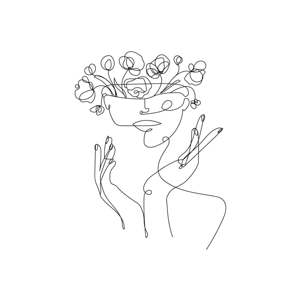 Surreal illustration, girl with flowers in her head. Vase in the head of a woman.Abstraction in continuous line style, vector outline illustration