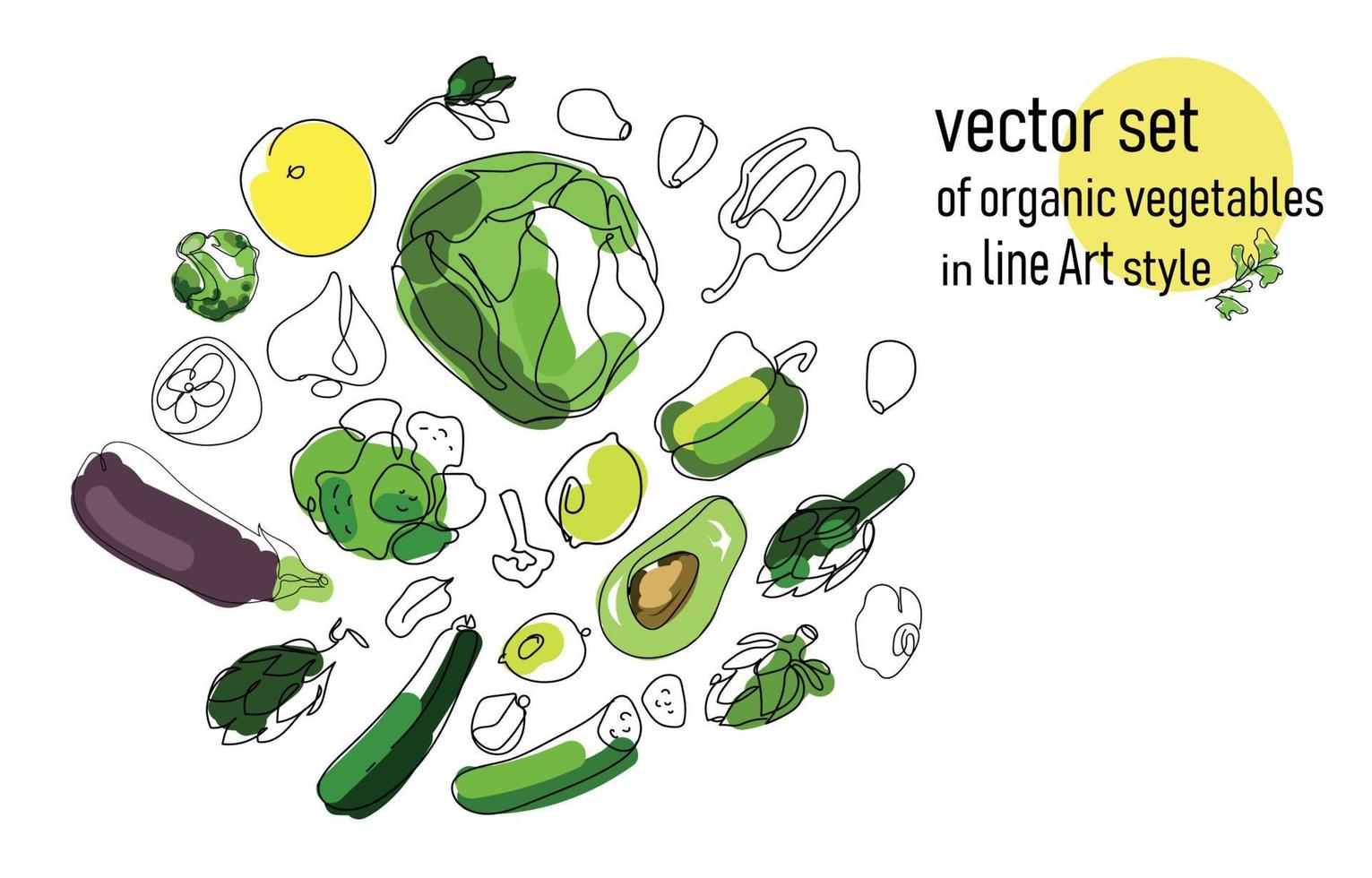 conjunto de líneas de arte de verduras y frutas, composición redonda, repollo, berenjena, limón, romero, alcachofas, pepinos, ajo, aguacate, etc., concepto de comida saludable, conjunto vegano aislado en fondo blanco vector