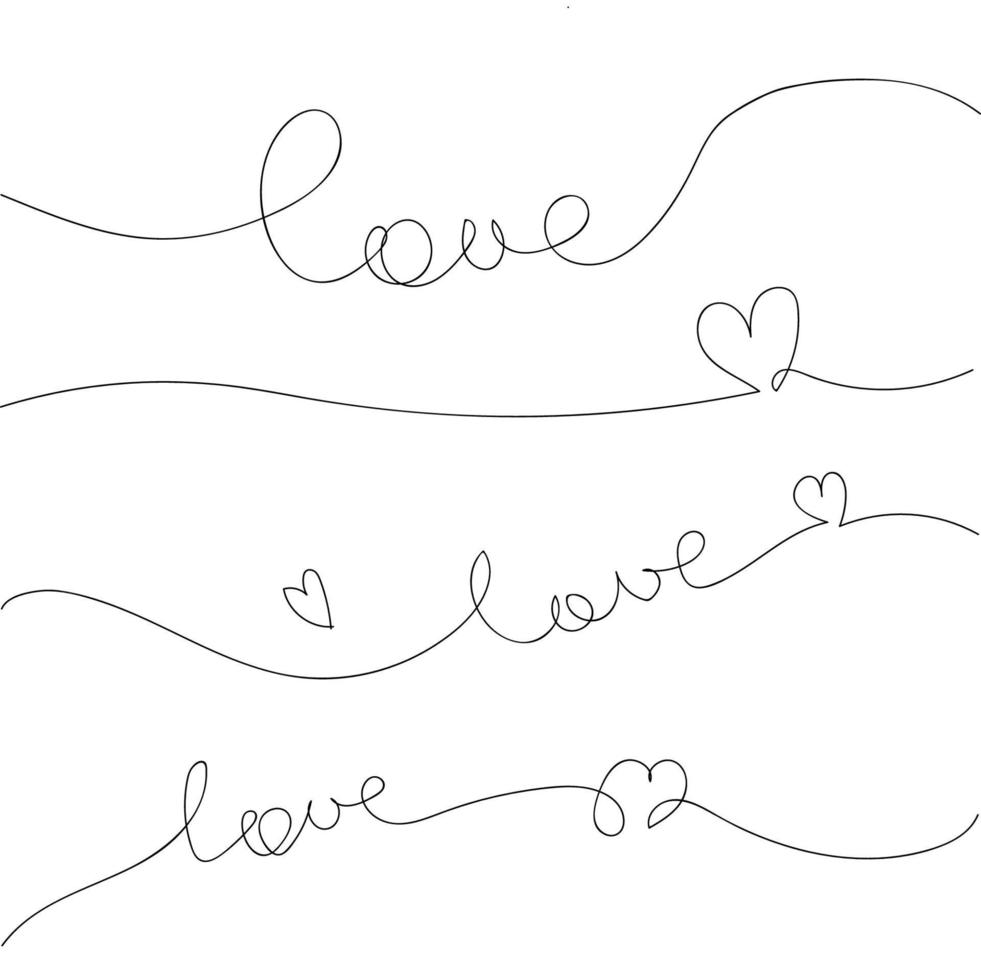 Set of abstract lettering Love and heart drawn by continuous line art on a white background. Symbols of love and romance, can be used for printing, vector illustration