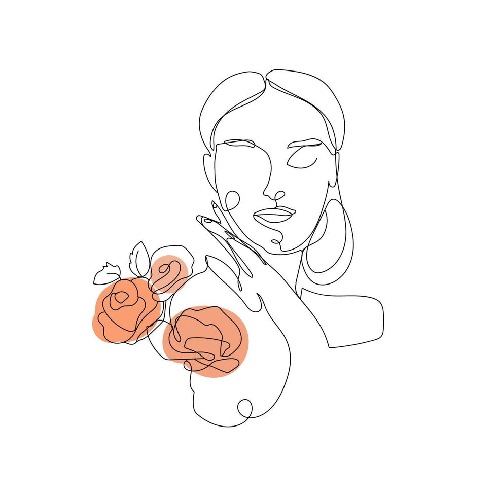 boceto moderno de retrato de cara de mujer con manos y flores de línea continua sobre fondo blanco para el diseño de estilo de vida. fondo elegante abstracto. arte moderno de línea continua. diseño vectorial vector