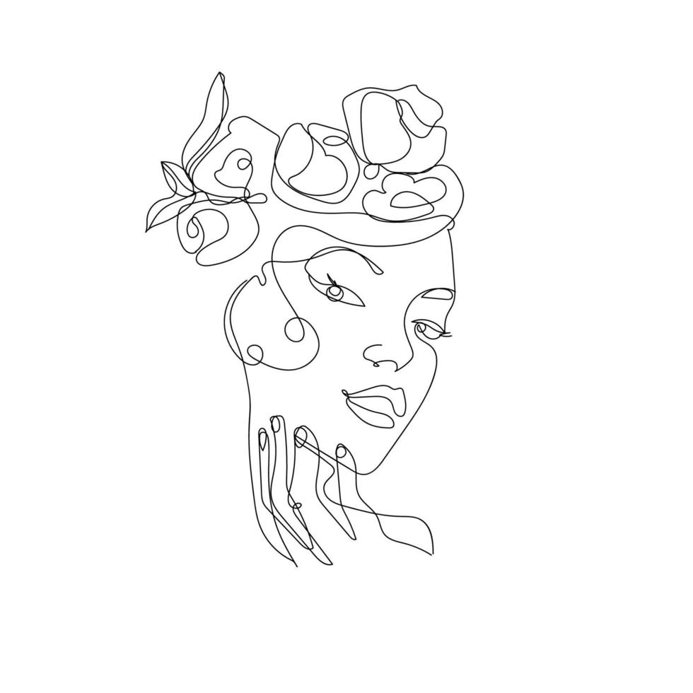 Modern solid abstract young woman face with flowers on her head, great design for any purpose. Graphic contemporary pattern. White isolated background. Graphic background. Elegant modern. vector