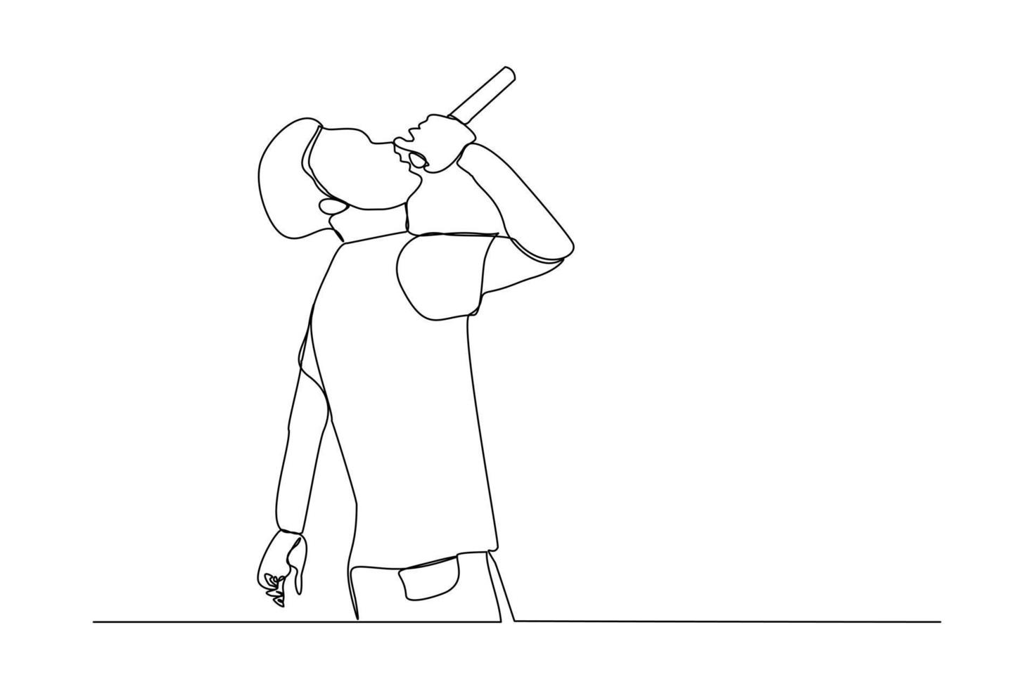 Continuous line drawing of young happy male pop singer holding microphone singing and jump on stage. Single one line art of musician artist performance concept design vector illustration