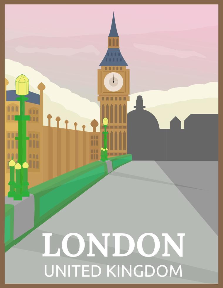 diseño vectorial ilustrativo del afiche de viaje retro y vintage del big ben, londres, reino unido vector