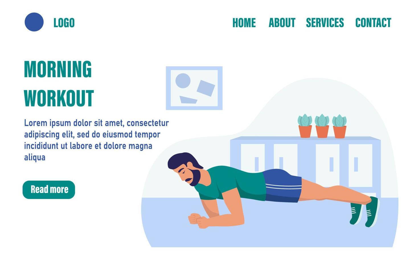 Morning workout landing page vector template. A man does sports at home. Flat vector illustration