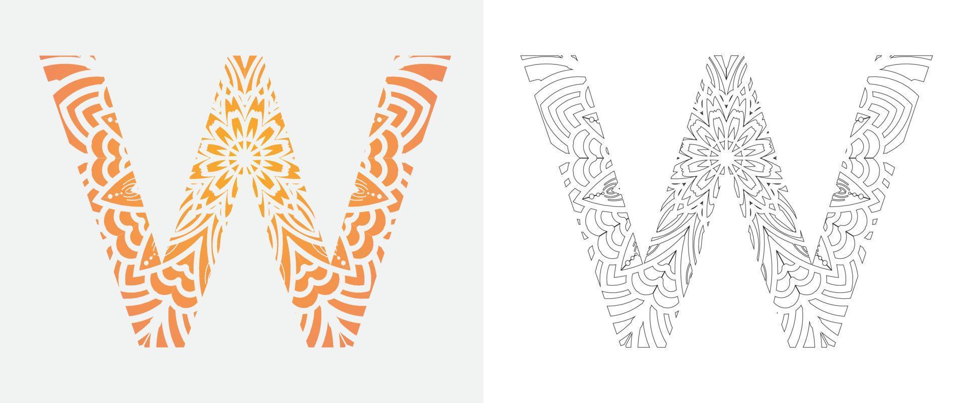 letra del alfabeto w arte pop, diseño de adornos para colorear mandala vector