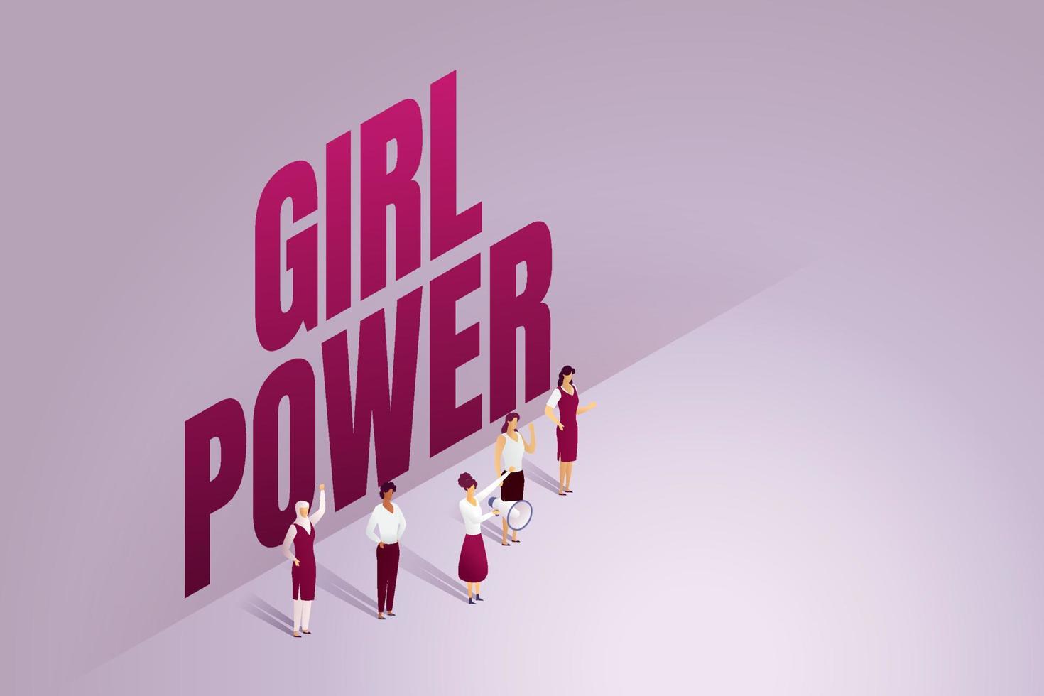 grupo de mujeres se paran frente a una letra grande la palabra girl power vector