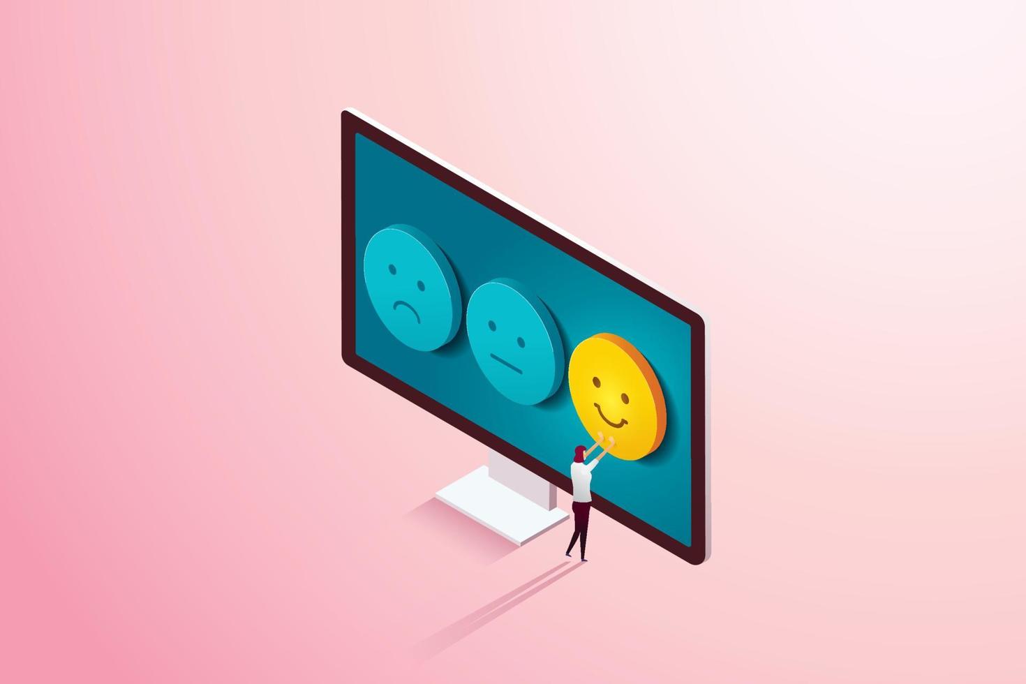 Customer chooses a happy face emoticon on computer. vector