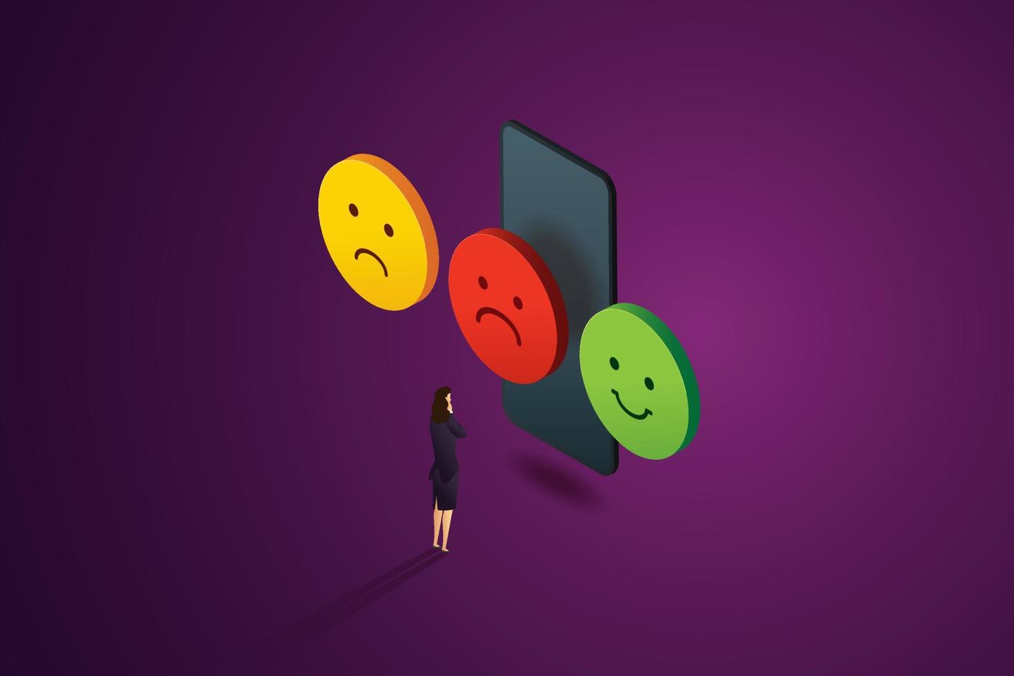 clientes que deciden emoticones tristes, felices e iconos de emociones en el teléfono móvil. vector