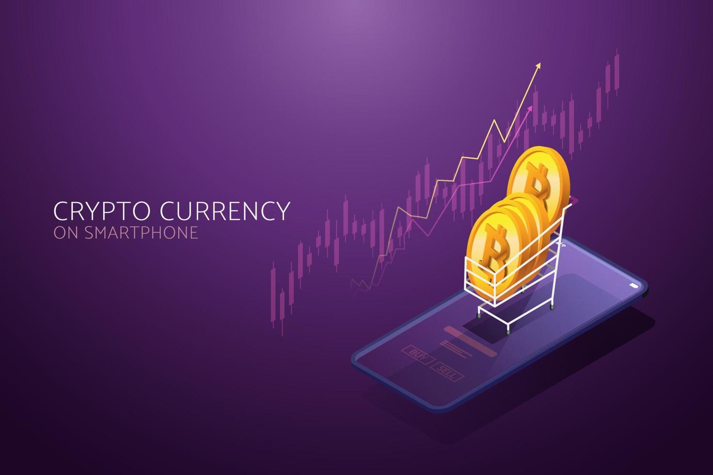 carro de monedas de bitcoin en la tecnología de cadena de bloqueo de teléfonos inteligentes. vector