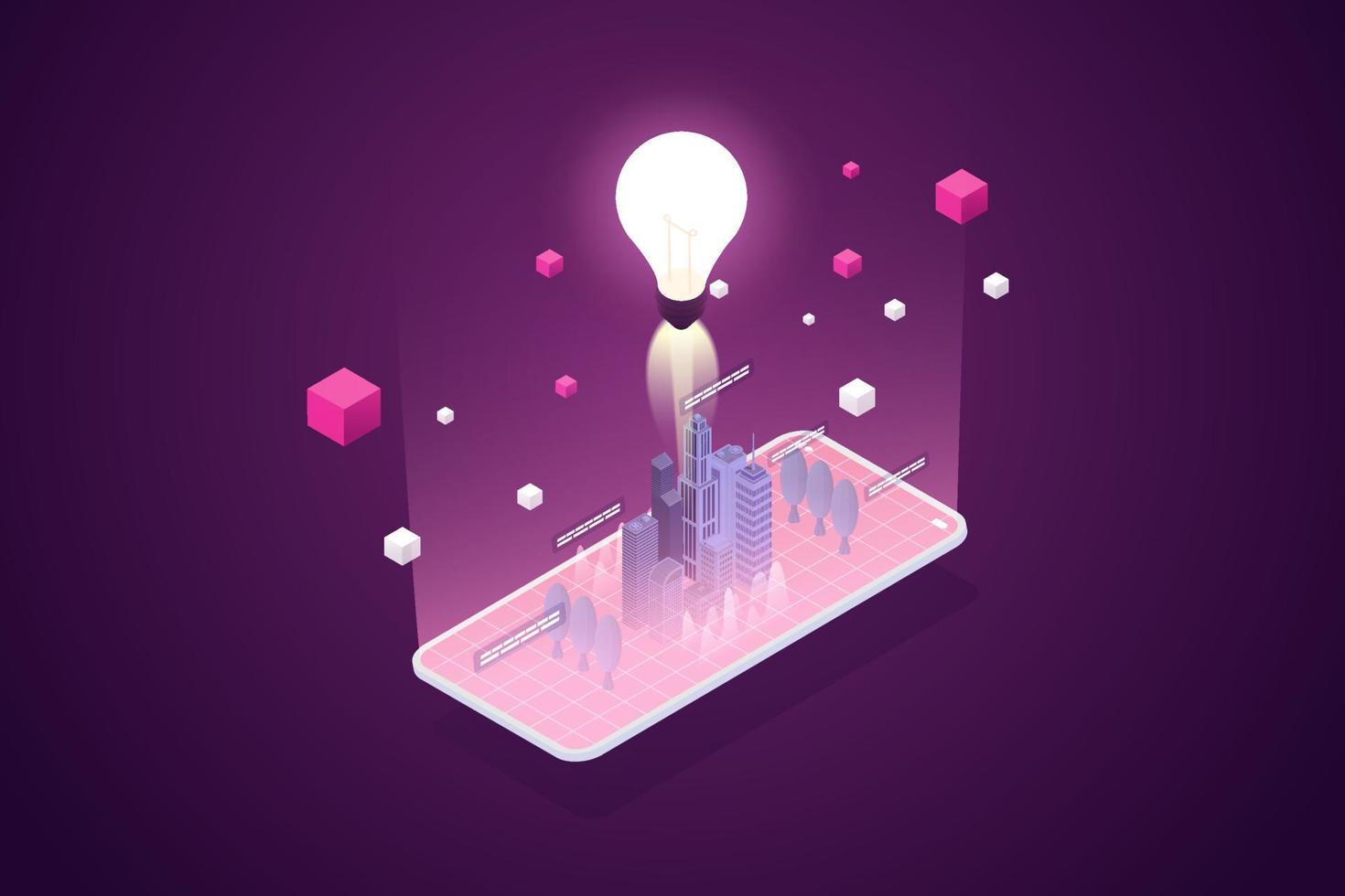 Light bulb and virtual city on smartphone Experience Metaverse. vector