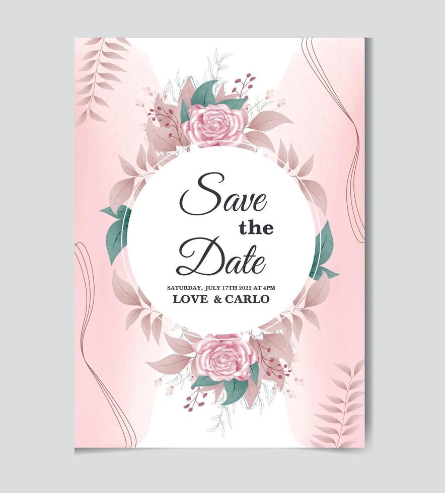 Floral wedding invitation template with pink Rose flower greenery bridal shower invitation card vector