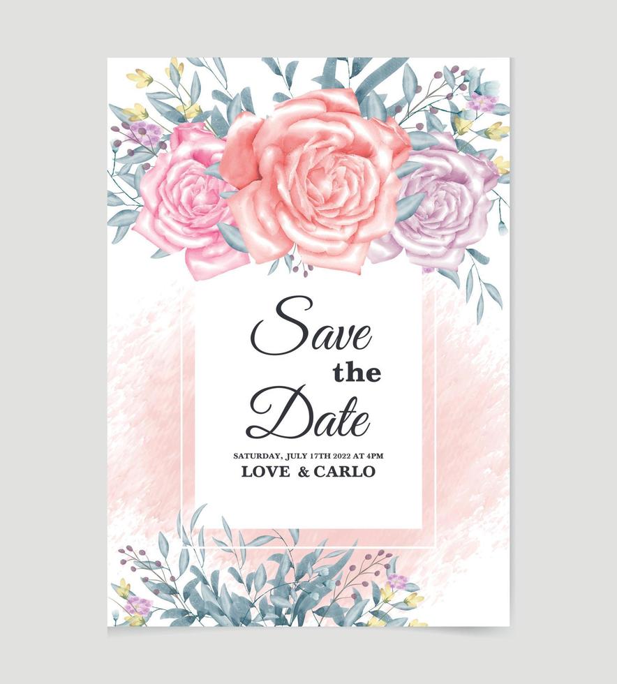 tarjeta de invitación de boda de rosas acuarela y hermoso diseño de fondo de vector floral