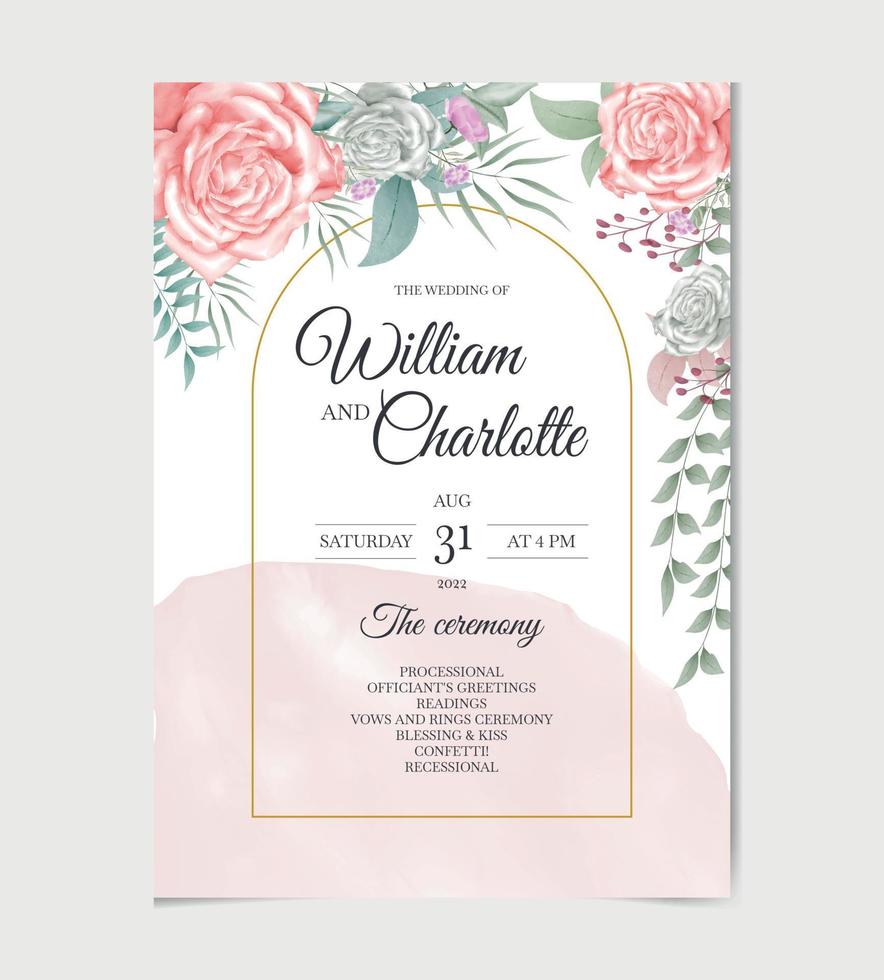 Watercolor Pink Roses greenery Floral Wedding Invitation Card Template Vector
