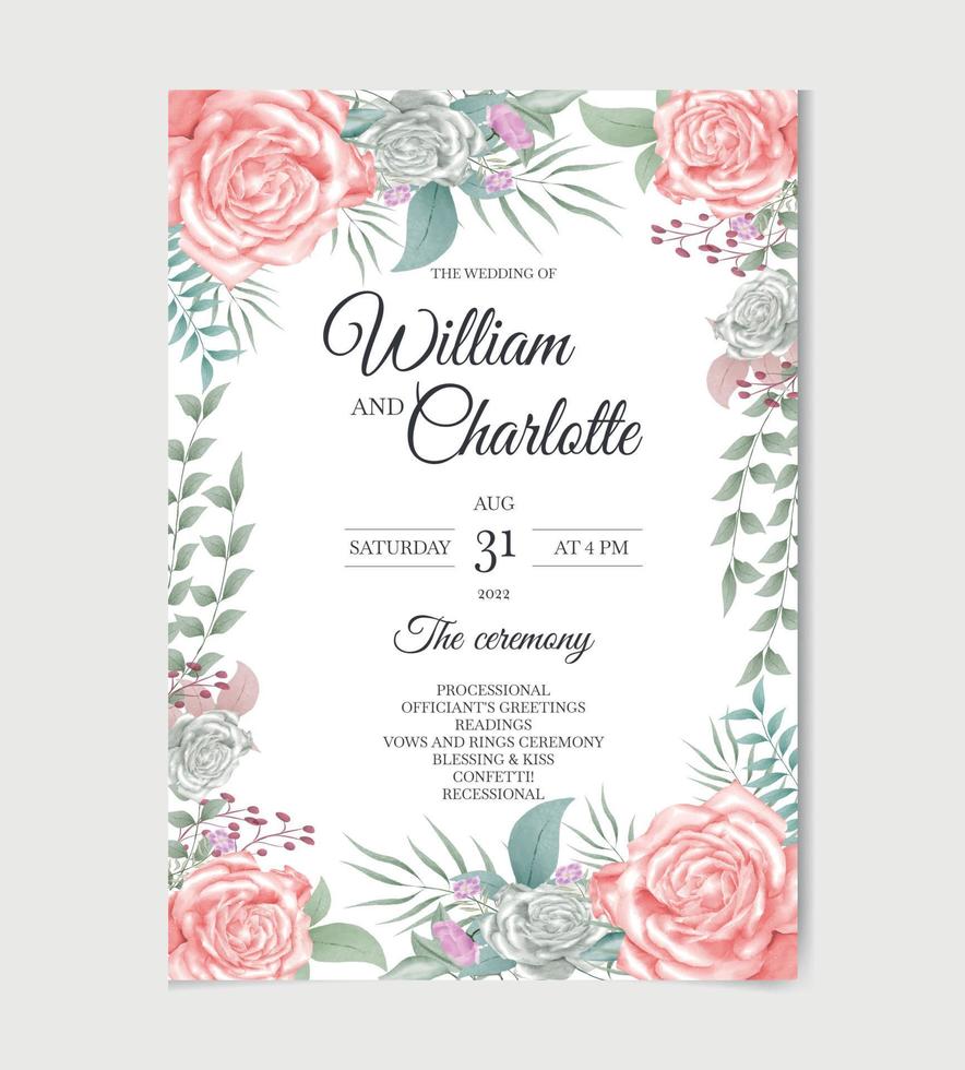 banners botánicos de vector de invitación de boda de acuarela con tarjeta de invitación de felicitación de flores de peonía rosa