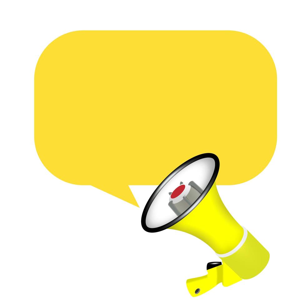 Vector Realistic 3d Simple yellow megaphone with a speech bubble on a white background. Design Template, Banner, Web. Speaker's sign. Announcement, The Concept Of Attention